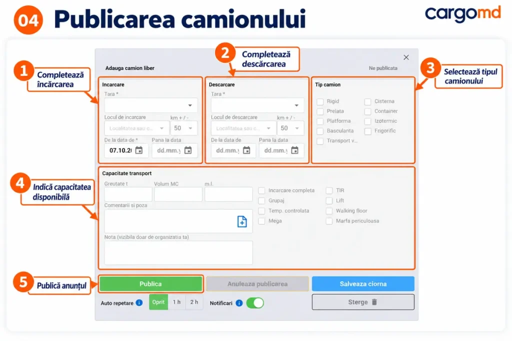 formularul de adăugare a camionului