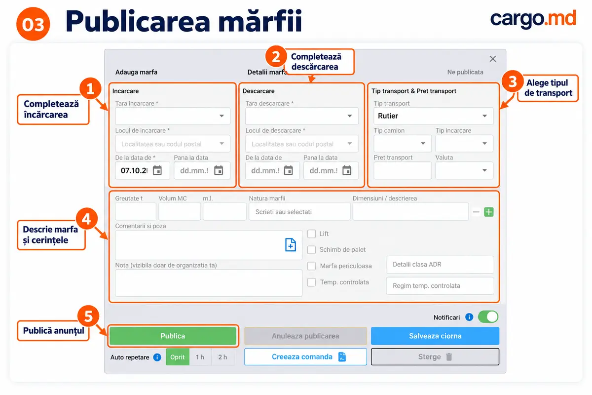 formularul de adăugare a mărfii