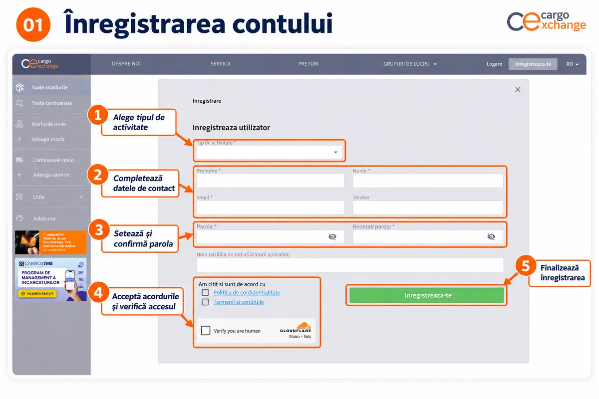 inregistrarea contului pe cargo md
