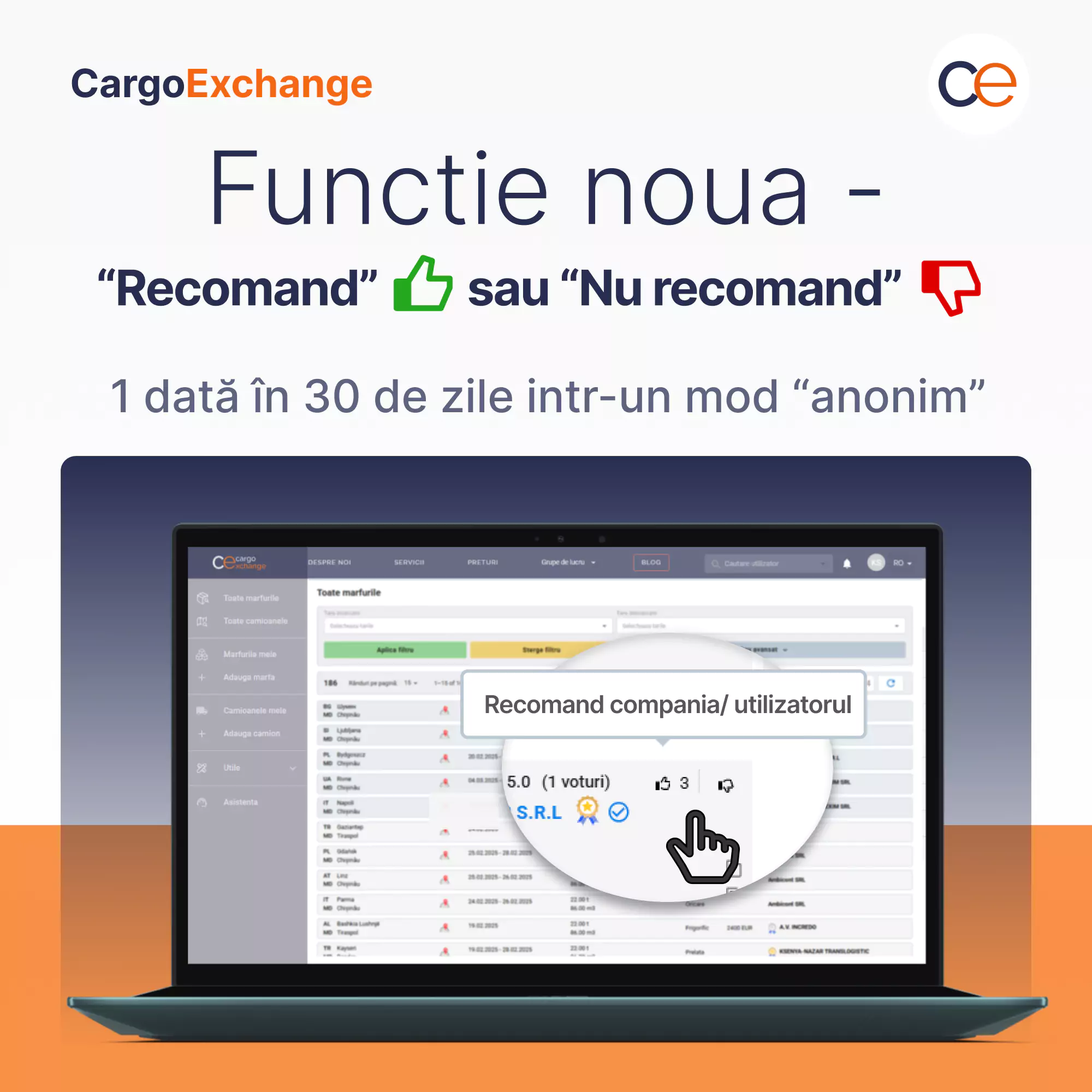 Functie noua bursa transport CargoExchange, recomand sau nu recomand utilizator sau companie
